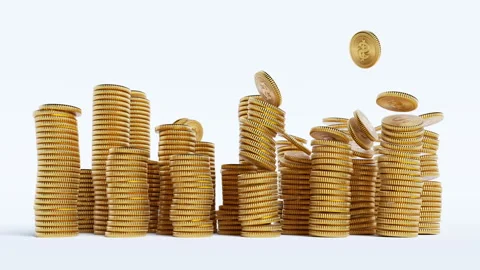 Gold dollar coins, stack in columns on white background. Growing profit. Stock Footage 282022329