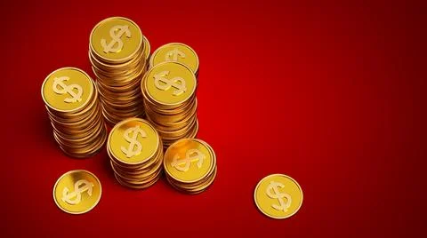 Gold Dollar coins stack, golden coin heap on red background. Illustration. Stock Illustration