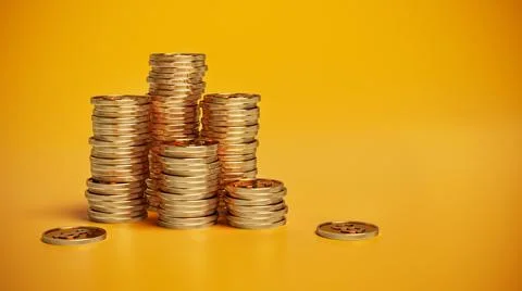 Gold Dollar coins stack, golden coin heap on yellow background. Illustration. Stock Illustration
