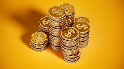 Gold Dollar coins stack, golden coin heap on yellow background. Illustration. 스톡 일러스트