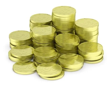 Gold dollar coins stack isolated on white, diagonal view Stock Illustration