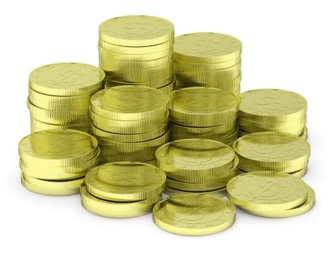 Gold dollar coins stack isolated on white diagonal view Stock Illustration
