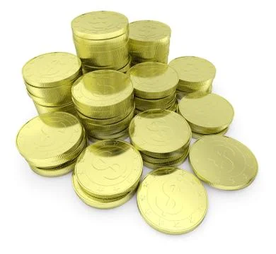 Gold dollar coins stack isolated on white close-up diagonal Stock Illustration