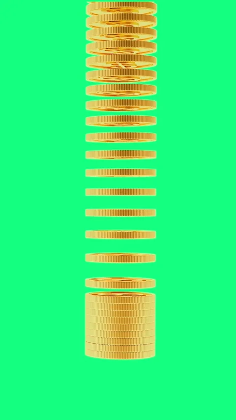 Gold dollar coins stack up in a tall column on a green screen in 3D animation. 库存影片 344058260
