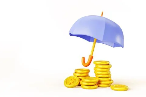 Gold dollar coins stack under blue umbrella 3d render banner. Concept of money Stock Illustration