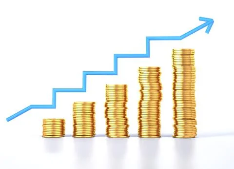 Gold dollar coins stacks with graph arrow. Stock Illustration