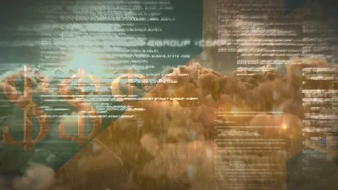 Gold dollar glyphs sliding in from left after sunrise, forming continuous band Stock Footage 335211658