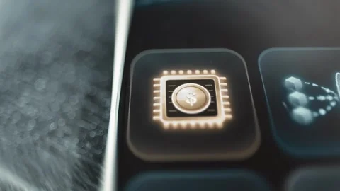 Gold dollar processor on dark screen Stock Footage 344853081
