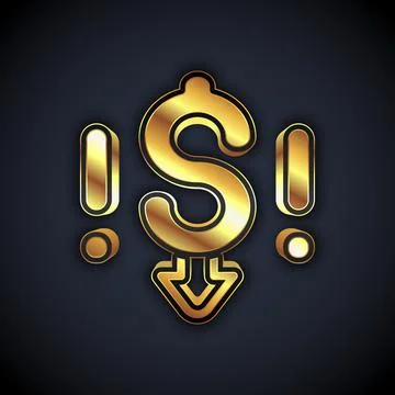 Gold Dollar rate decrease icon isolated on black background. Cost reduction イラスト素材