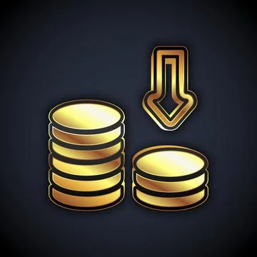 Gold Dollar rate decrease icon isolated on black background. Cost reduction Illustrazione stock