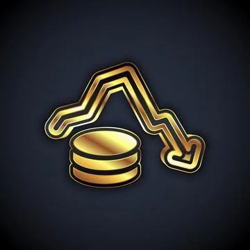 Gold Dollar rate decrease icon isolated on black background. Cost reduction.. Illustrazione stock