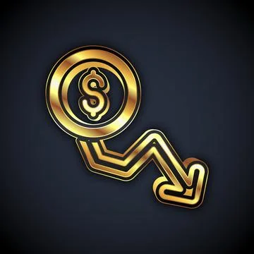 Gold Dollar rate decrease icon isolated on black background. Cost reduction イラスト素材