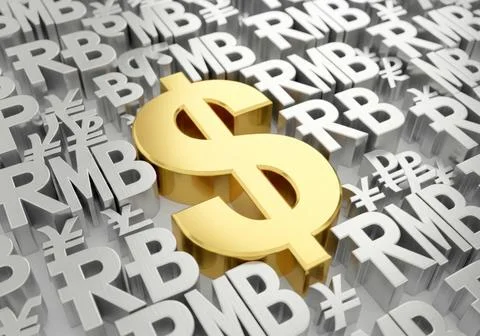 A gold dollar is surrounded by a bunch of foreign currency symbols Illustrazione stock