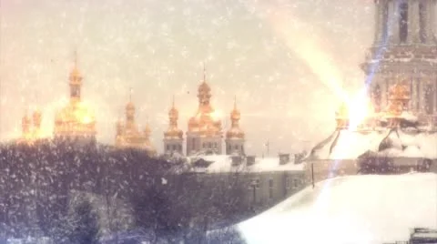 Gold Doms of The Lavra in The Sun Rays, Kiev-Pechersk Lavra in Snow in Winter, Stock Footage 53531709