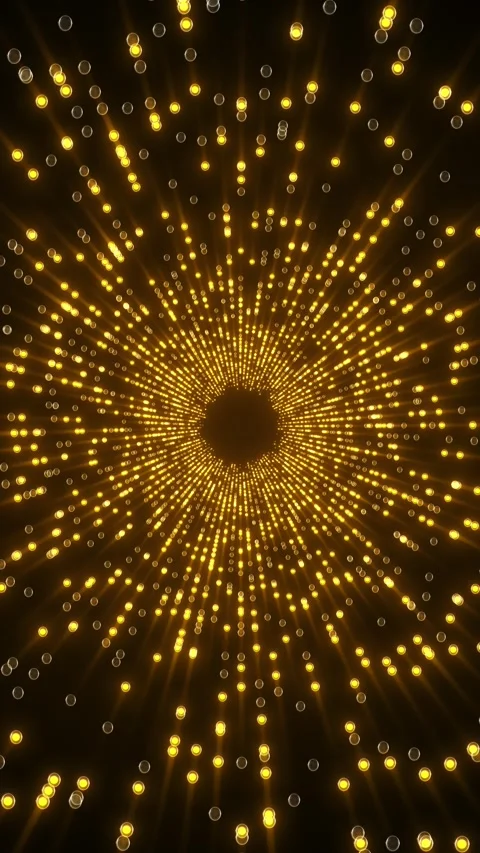 Gold dot tunnel motion radiant circular burst, glowing particles, fast energetic Stock Footage 340472600