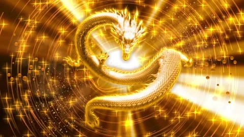 GOLD DRAGON WITH MAGIC LIGHTS SHINE ORANGE BACKGROUND Stock Footage 233926152