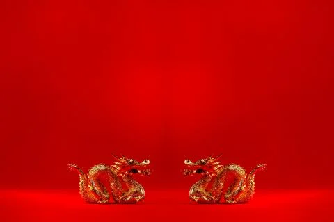 Gold dragon on red background with copy space, Year of the dragon Chinese new 스톡 일러스트