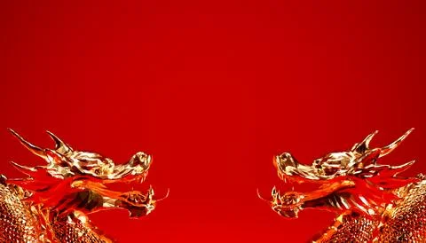 Gold dragons on red background with copy space, Year of the dragon Chinese .. Stock Illustration