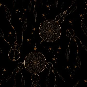 Gold Dreamcatcher doodle seamless pattern, mandala ornament and magic stars Stock Illustration