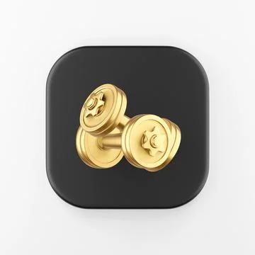 Gold dumbbells icon. 3d rendering black square button key, interface ui ux .. Stock Photos