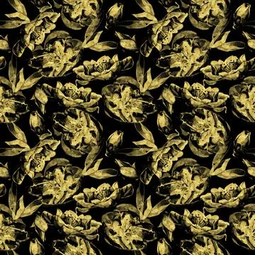 Gold dust effect seamless pattern. Cherry blossoms, buds and leaves. Stock Illustration