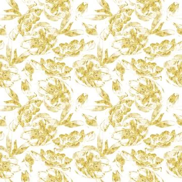 Gold dust effect seamless pattern. Cherry blossoms, buds and leaves. Stock Illustration