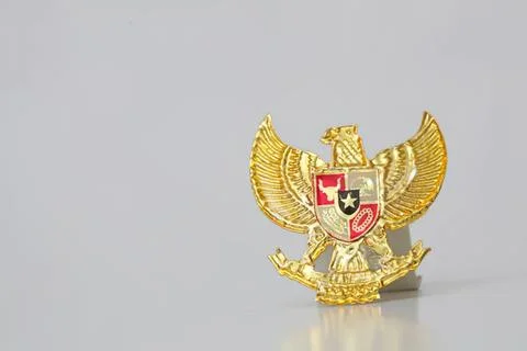 Gold eagle emblem with shield and wings on gray background Stock Photos