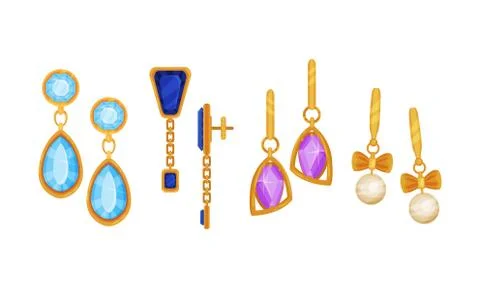 Gold Earings Vector Set. Expensive Detailed Woman Items Stock Illustration