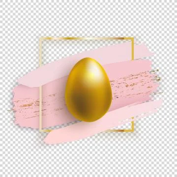 Gold Easter Egg in Gold Square with Pink Blots on transparent background. Grunge Stock Illustration