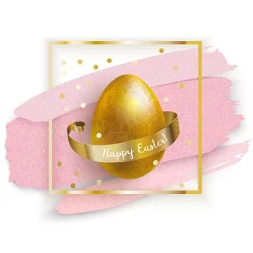 Gold Easter Egg in Gold Square with Pink Blots on transparent background. Grunge Stock Illustration