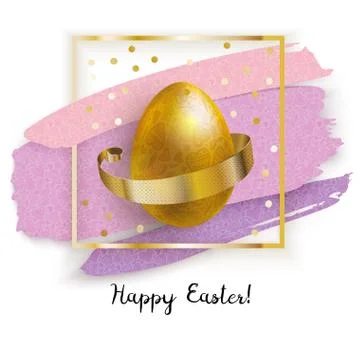 Gold Easter Egg in Gold Square with Pink Blots on white background. Grunge 스톡 일러스트