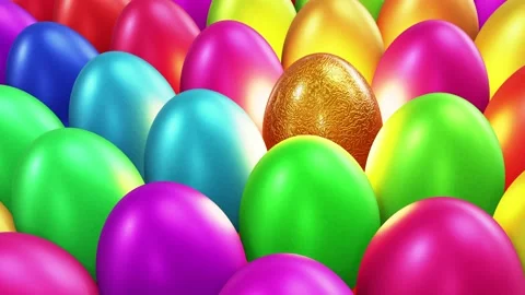Gold Easter egg surrounded by colorful painted eggs 3D animation Stock Footage 168610972