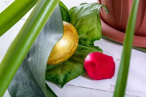 Gold easter eggs among green leaves Stock Photos