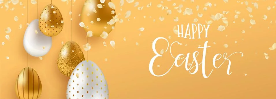 Gold Easter eggs and spring flower web banner Illustrazione stock