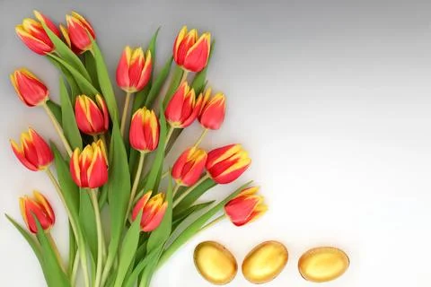 Gold Easter Eggs and Spring Tulip Flowers Stock Illustration