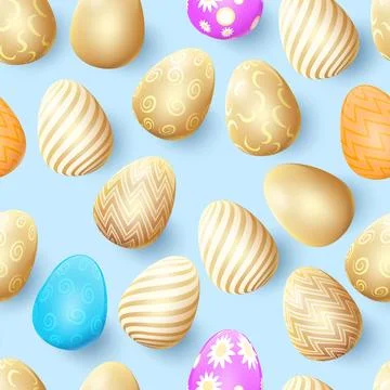 Gold easter eggs, luxury pattern. Spring greeting card, happy golden poster, art Stock Illustration