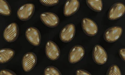 Gold easter eggs with pattern on black background. 3d rendering Ilustración de archivo