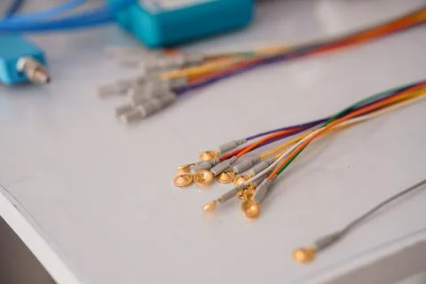 Gold EEG Electrode Array Close-Up: Medical Neurodiagnostic Tools, Colorful .. Stock Photos