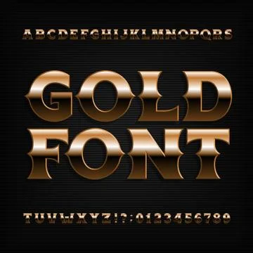 Gold effect alphabet font. Bold metallic letters, numbers and symbols. Stock Illustration