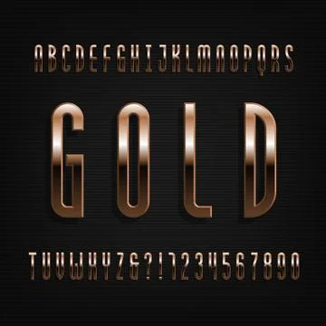 Gold effect alphabet font. Thin metal letters, numbers and symbols. Stock Illustration