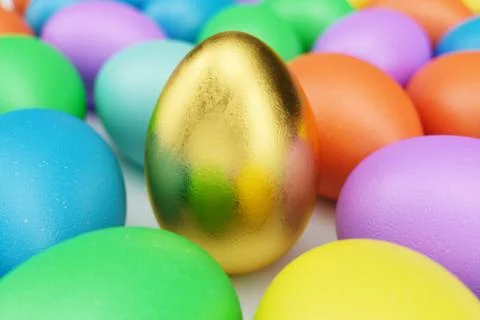 Gold egg in centre, easter eggs, pastel color, multi color eggs: pink, blue Stock Illustration