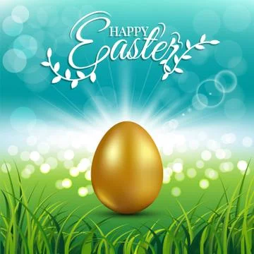 Gold egg on fresh spring grass for Easter day greeting card Stock Illustration