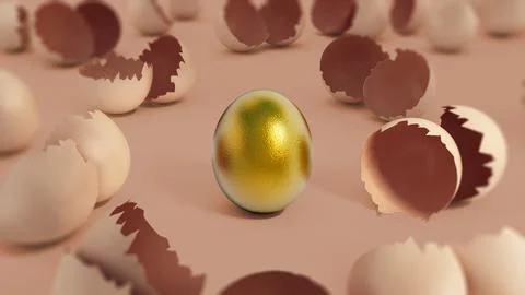 Gold egg standing on warm background with cracked eggshells. 3D illustration Stock Illustration
