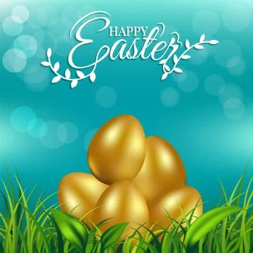 Gold eggs on fresh spring grass for Easter day greeting card Stock Illustration