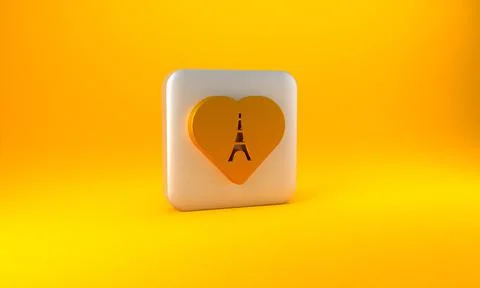 Gold Eiffel tower with heart icon isolated on yellow background. France Paris 스톡 일러스트