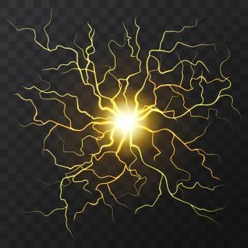 Gold Electric flash of lightning on a dark transparent background. Vector circle Stock Illustration
