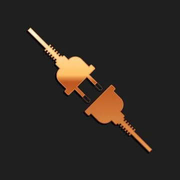 Gold Electric wire plug and socket icon isolated on black background. Long Illustrazione stock