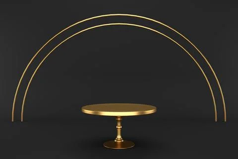 Gold empty cake stand on a black background. 3d rendering. Festive background Stock Photos