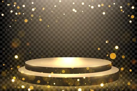 Gold Empty Podium with Flying Particles on Dark Transparent Pattern, Vector.. Stock Illustration