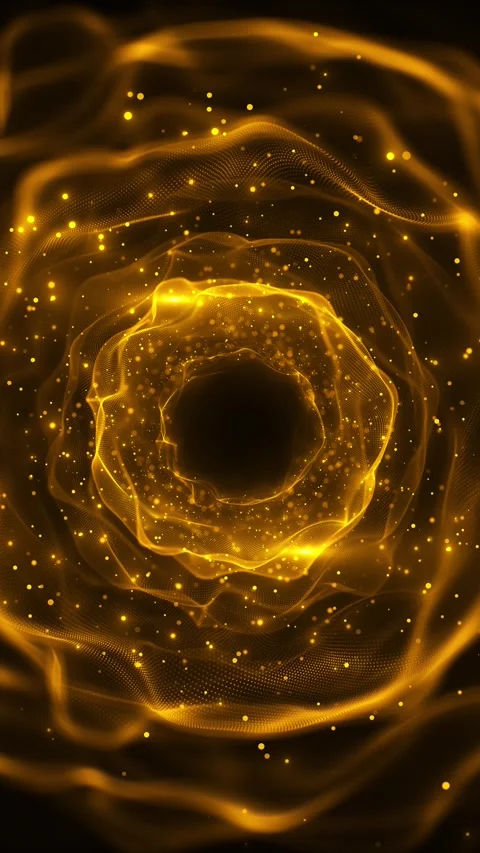 Gold energy flower vortex flowing mesh waves, sparkling particles, and dark circ Stock Footage 340468248